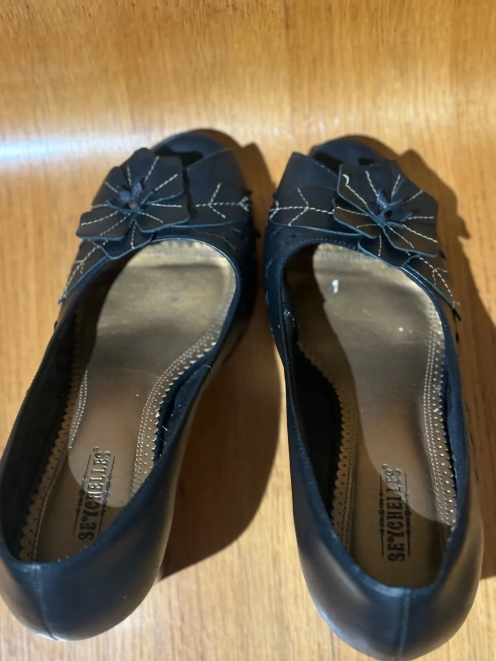 Seychelles Black Leather Vintage-Inspired Flower Peep-Toe Platform Heels